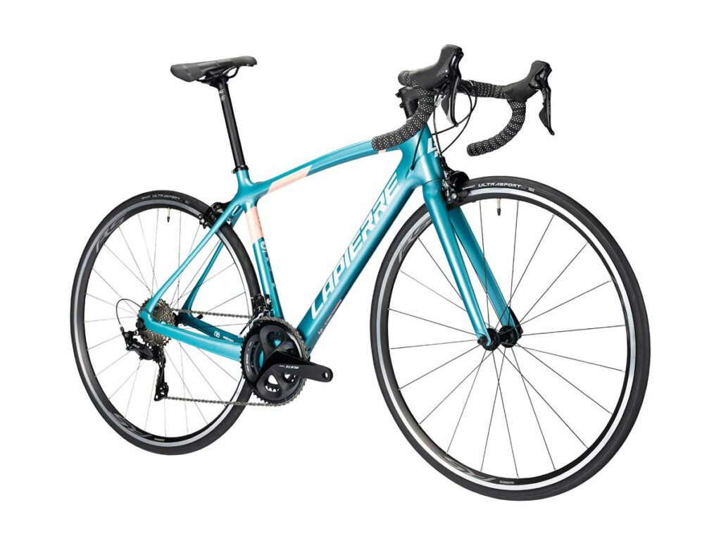 Lapierre road bike in teal with drop handlebars, Shimano 105 groupset and black Ultrasport wheels