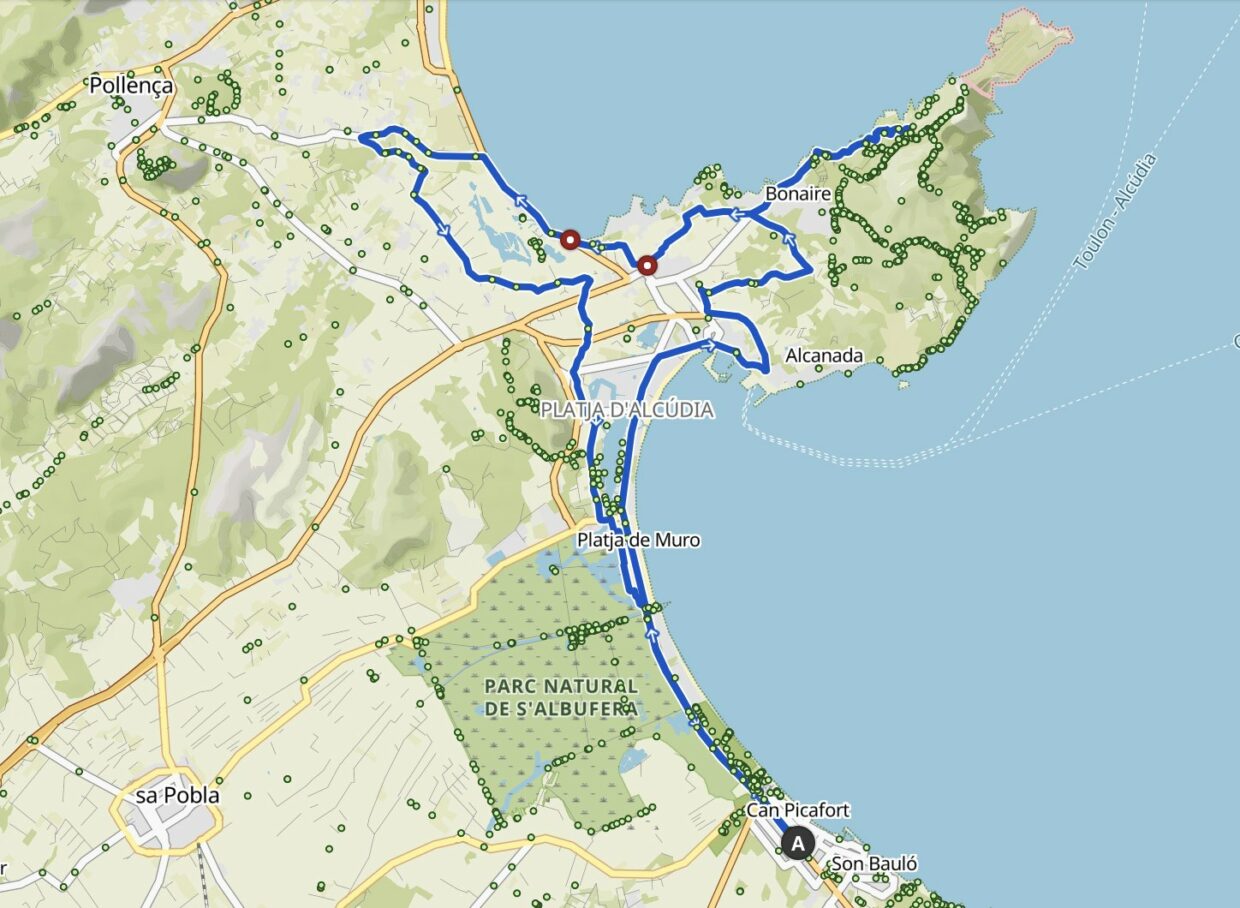 Karte: Rennrad-Tour von Can Picafort zur Altstadt von Alcudia